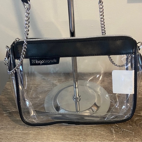 Logo Brands Handbags - Clear PVC Shoulder Bag with Black Trim and Chain Strap, EUC
